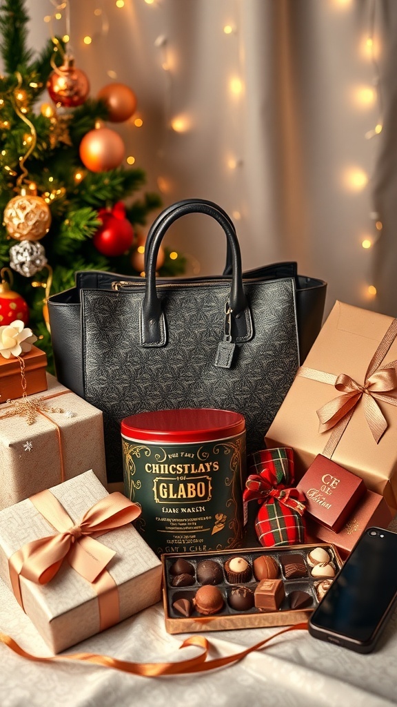Luxurious Christmas wishlist items including designer handbag, gourmet chocolates, and premium electronics on a festive background.